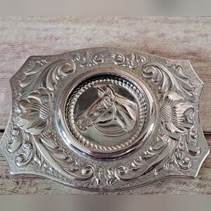 COPY - Vintage Horse Buckle Chambers Belt Co Silver Toned 1970's 3.5" x 2.5" We…